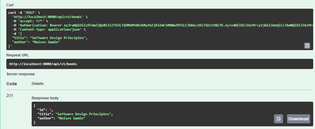 Swagger UI: POST with a Bearer token returns 201 Created Swagger UI showing the POST request with an Authorization Bearer header and a 201 response with the new book